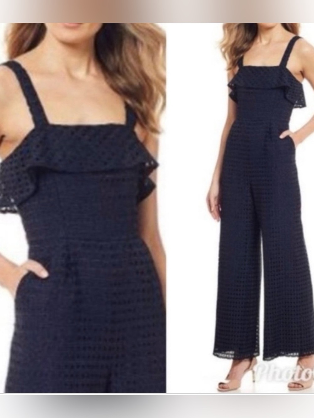 ANTONIO MELANI Navy Eyelet Wide-Leg Jumpsuit, Ruffle Bodice, Size 6, Like New!